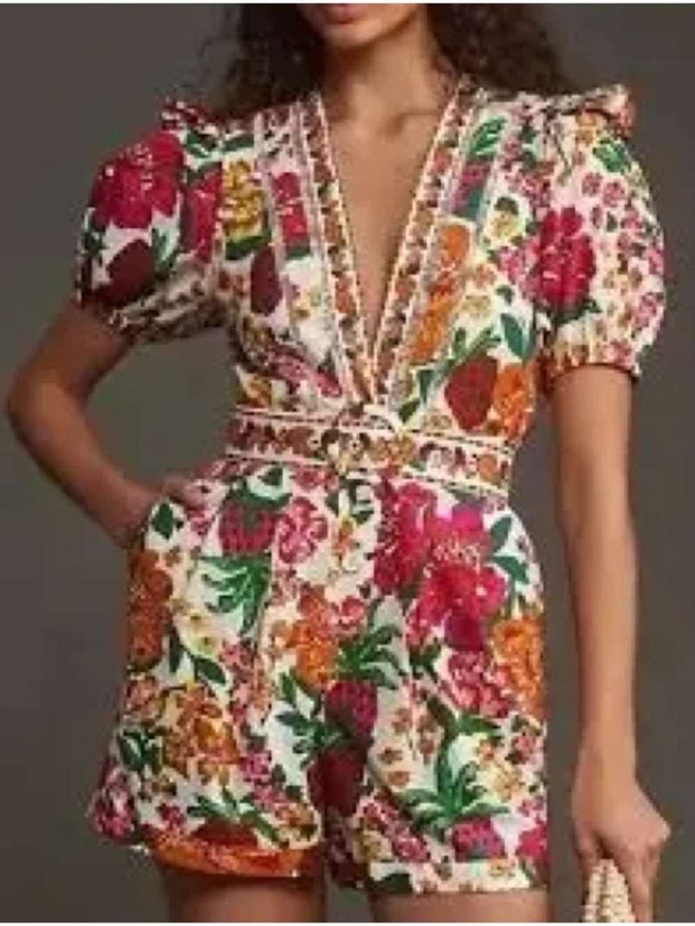 FARM Rio Cream Floral V-Neck Puff Sleeve Romper with Pink, Red & Orange Blooms